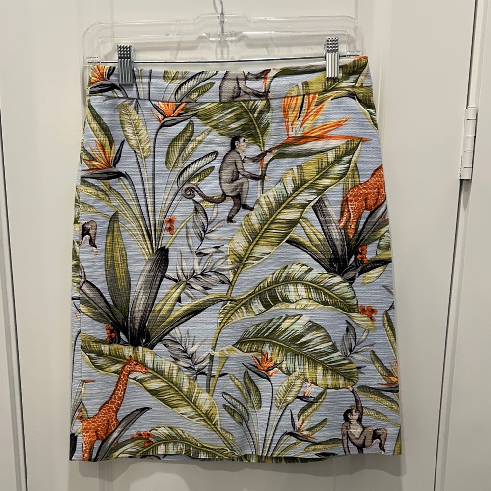 Ann Taylor Jungle Print Bird of Paradise and Monkey Pencil Skirt - Green/Orange